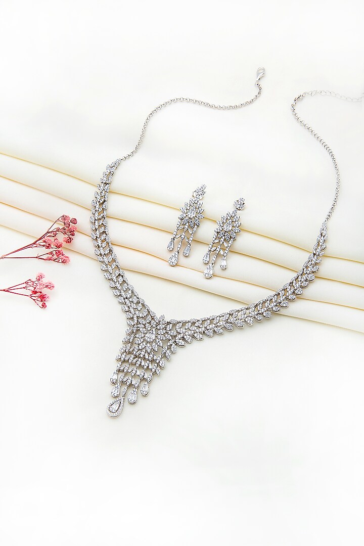 White Rhodium Finish Laser Cut Cubic Zirconia Scarlett Necklace Set In Sterling Silver by Silberry at Pernia's Pop Up Shop