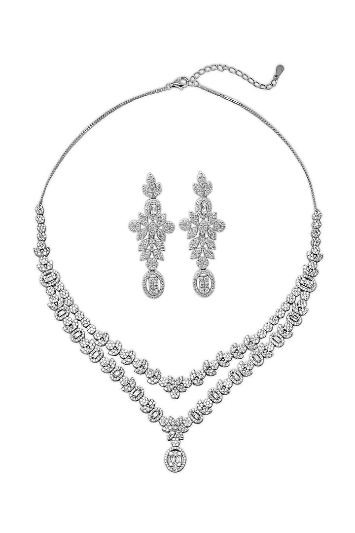 White Rhodium Finish Laser Cut Cubic Zirconia Necklace Set In Sterling Silver by Silberry at Pernia's Pop Up Shop