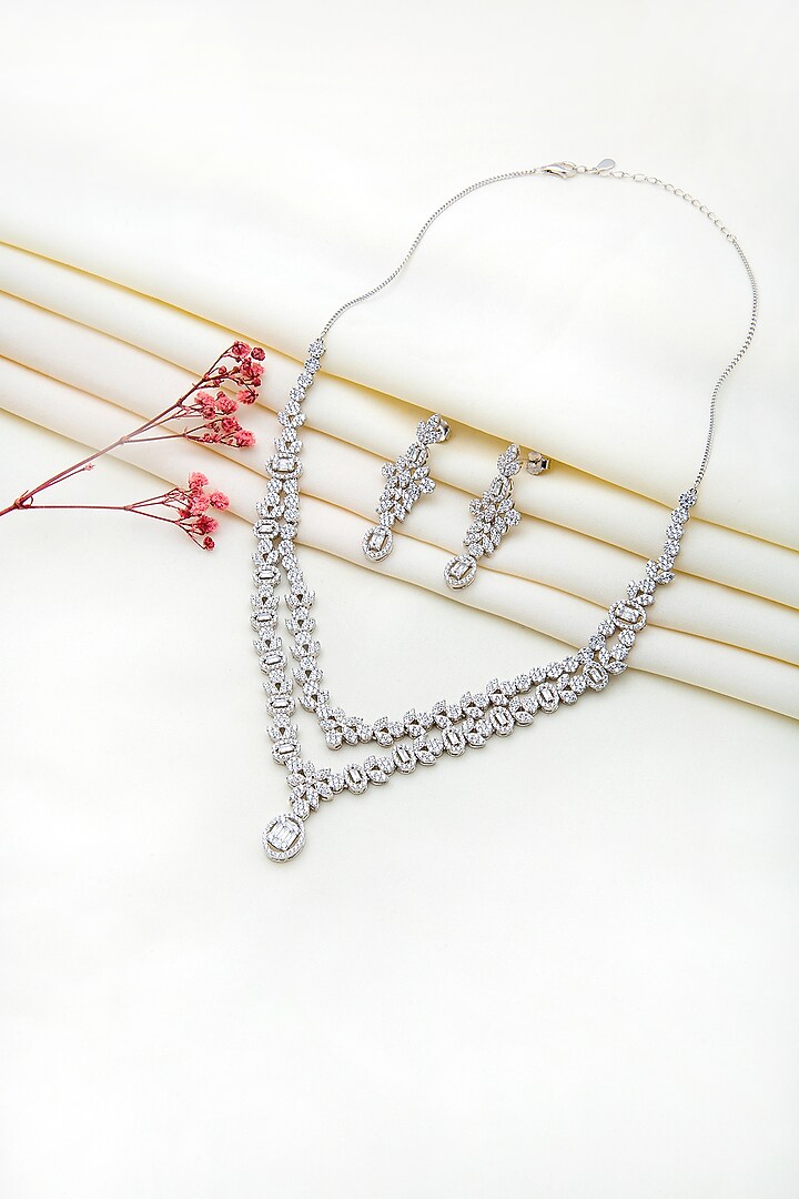 White Rhodium Finish Laser Cut Cubic Zirconia Necklace Set In Sterling Silver by Silberry at Pernia's Pop Up Shop