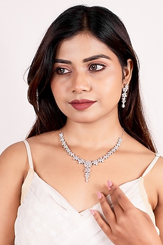 White Rhodium Finish Laser Cut Cubic Zirconia Necklace Set In Sterling Silver by Silberry
