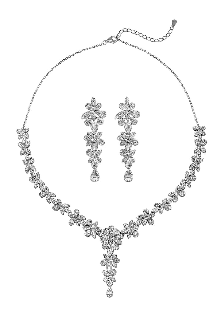 White Rhodium Finish Laser Cut Cubic Zirconia Necklace Set In Sterling Silver by Silberry at Pernia's Pop Up Shop