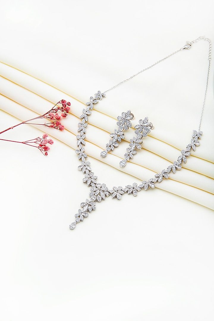 White Rhodium Finish Laser Cut Cubic Zirconia Necklace Set In Sterling Silver by Silberry at Pernia's Pop Up Shop