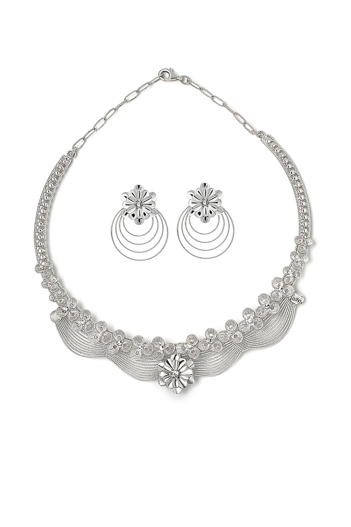 White Rhodium Finish Laser Cut Zircon Jasmine Necklace Set In Sterling Silver by Silberry at Pernia's Pop Up Shop