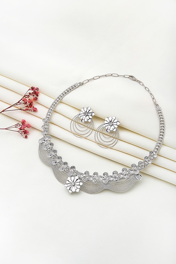White Rhodium Finish Laser Cut Zircon Jasmine Necklace Set In Sterling Silver by Silberry at Pernia's Pop Up Shop