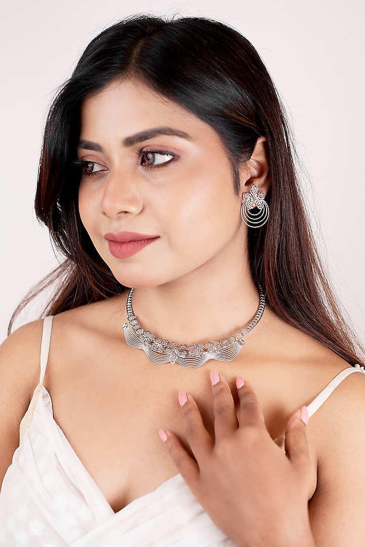 White Rhodium Finish Laser Cut Zircon Camellia Necklace Set In Sterling Silver by Silberry at Pernia's Pop Up Shop