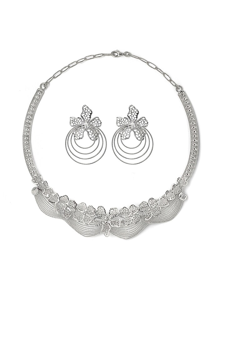 White Rhodium Finish Laser Cut Zircon Camellia Necklace Set In Sterling Silver by Silberry at Pernia's Pop Up Shop