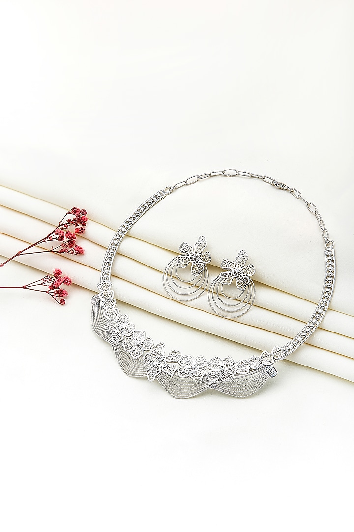 White Rhodium Finish Laser Cut Zircon Camellia Necklace Set In Sterling Silver by Silberry at Pernia's Pop Up Shop
