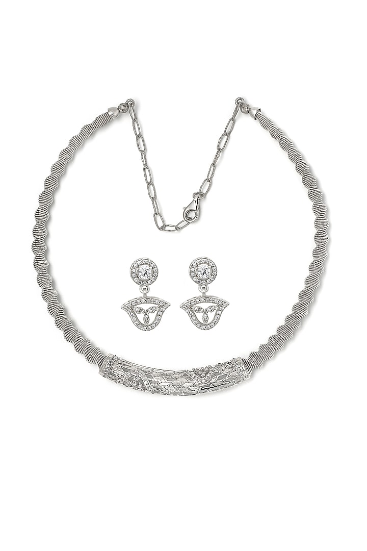 White Rhodium Finish Laser Cut Cubic Zirconia Necklace Set In Sterling Silver by Silberry at Pernia's Pop Up Shop