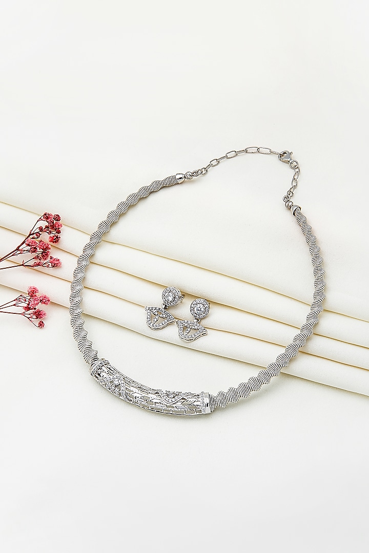 White Rhodium Finish Laser Cut Cubic Zirconia Necklace Set In Sterling Silver by Silberry at Pernia's Pop Up Shop
