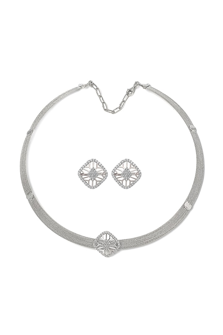 White Rhodium Finish Laser Cut Cubic Zirconia Quadrant Necklace Set In Sterling Silver by Silberry at Pernia's Pop Up Shop