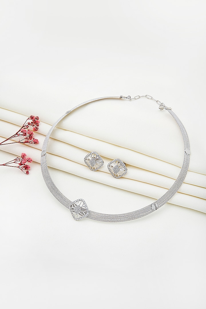 White Rhodium Finish Laser Cut Cubic Zirconia Quadrant Necklace Set In Sterling Silver by Silberry at Pernia's Pop Up Shop