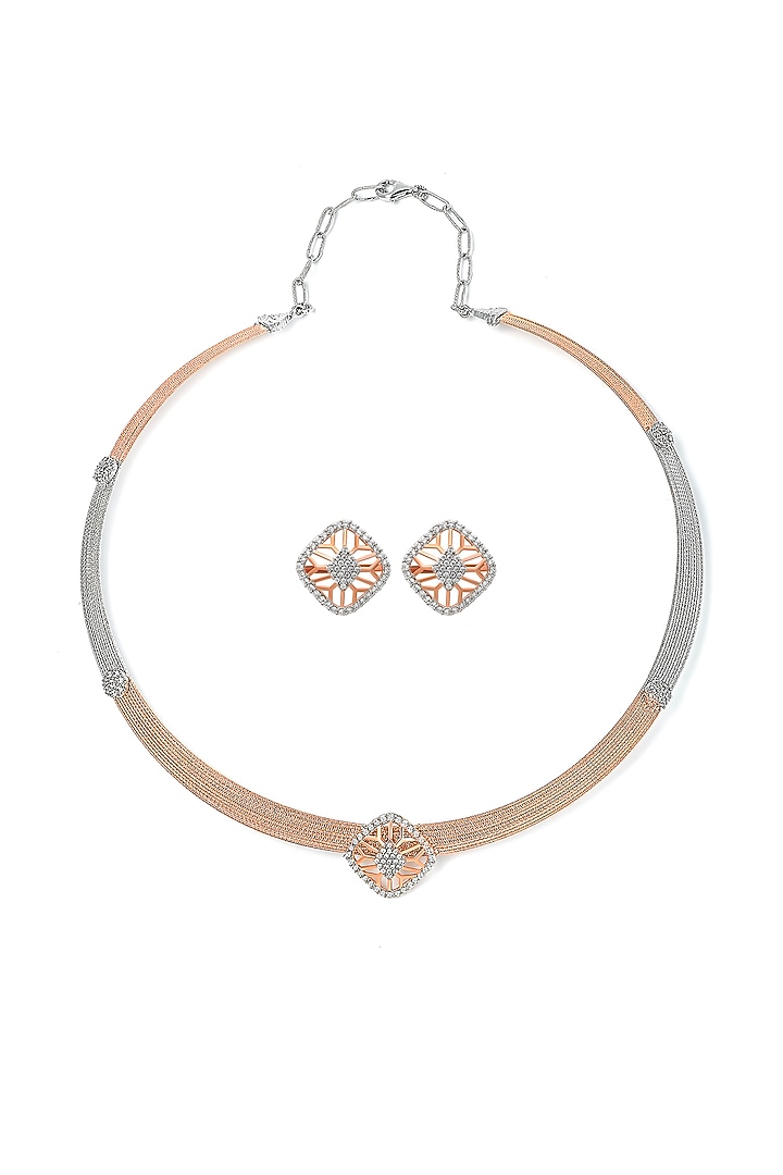 Two-Tone Finish Laser Cut Cubic Zirconia Quadrant Necklace Set In Sterling Silver by Silberry at Pernia's Pop Up Shop
