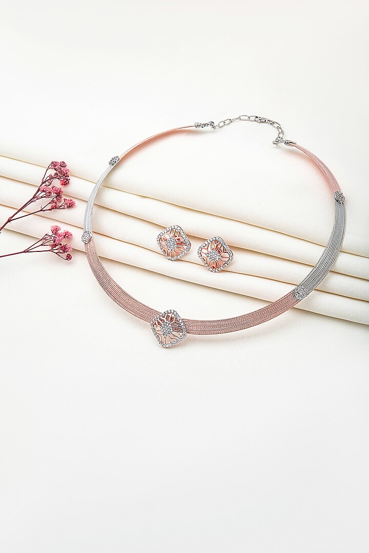 Two-Tone Finish Laser Cut Cubic Zirconia Quadrant Necklace Set In Sterling Silver by Silberry at Pernia's Pop Up Shop