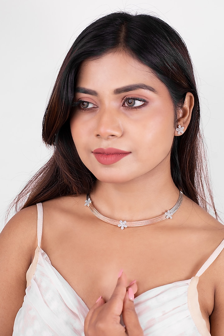 Two-Tone Finish Laser Cut Cubic Zirconia Floral Necklace Set In Sterling Silver by Silberry at Pernia's Pop Up Shop