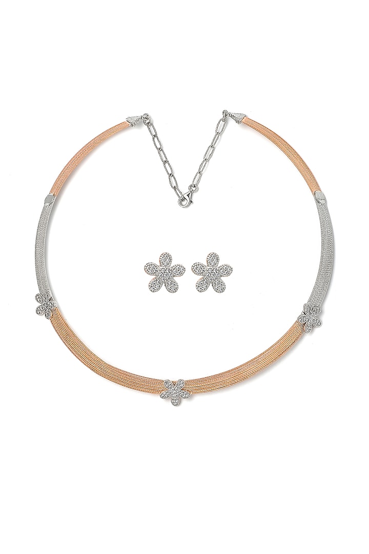Two-Tone Finish Laser Cut Cubic Zirconia Floral Necklace Set In Sterling Silver by Silberry at Pernia's Pop Up Shop
