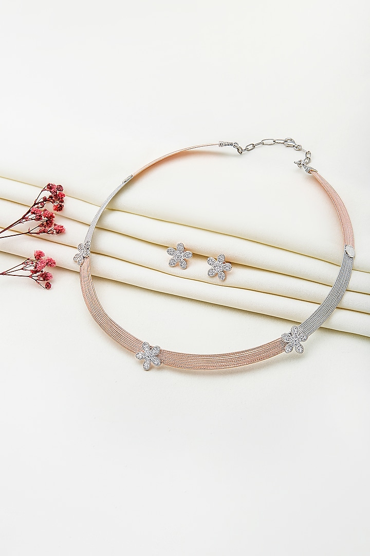 Two-Tone Finish Laser Cut Cubic Zirconia Floral Necklace Set In Sterling Silver by Silberry at Pernia's Pop Up Shop
