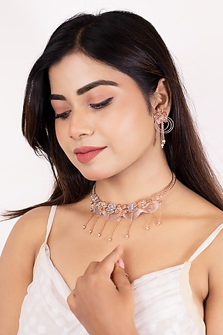 Two-Tone Finish Laser Cut Zircon Necklace Set In Sterling Silver by Silberry