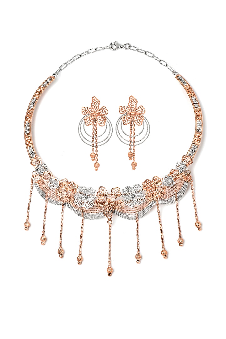 Two-Tone Finish Laser Cut Zircon Necklace Set In Sterling Silver by Silberry at Pernia's Pop Up Shop