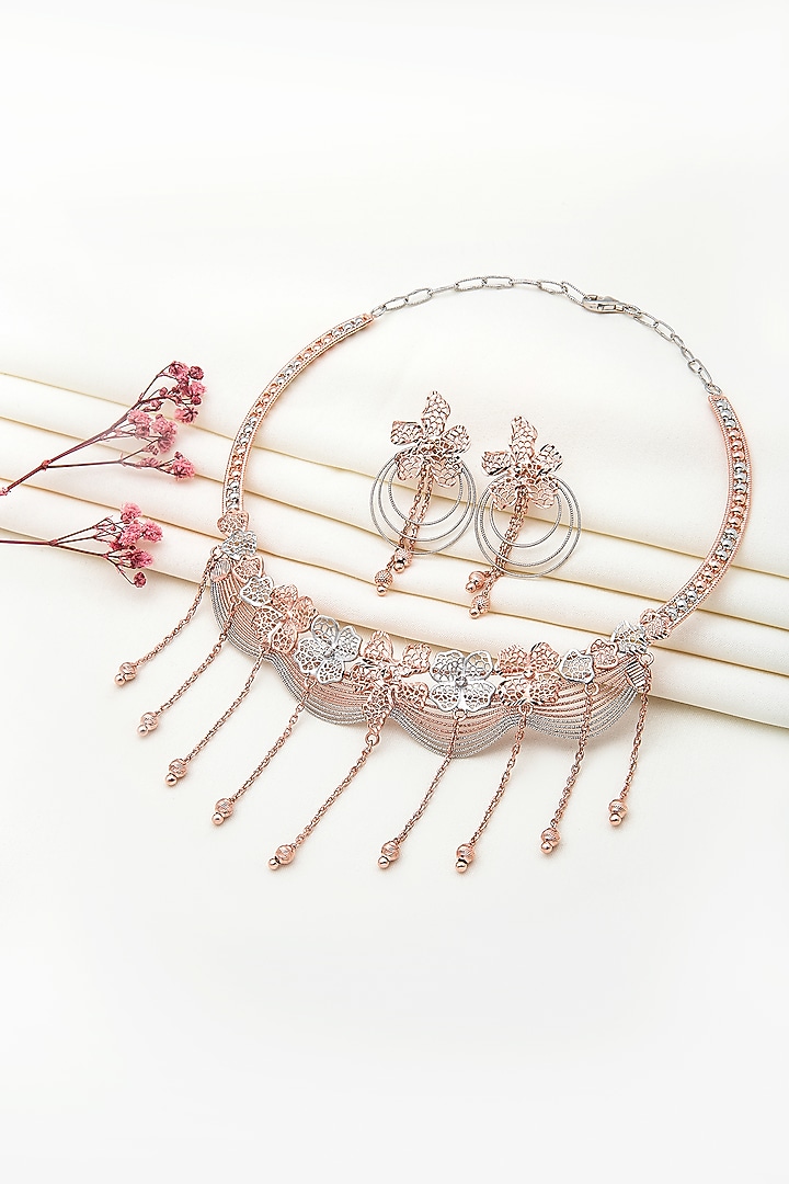 Two-Tone Finish Laser Cut Zircon Necklace Set In Sterling Silver by Silberry at Pernia's Pop Up Shop
