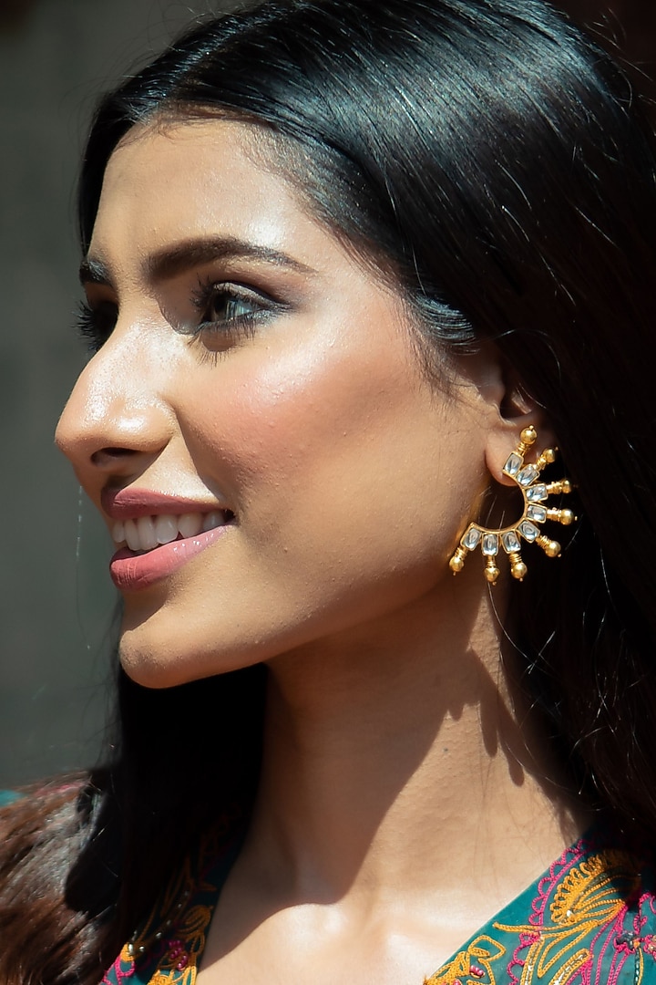 Gold Plated Kundan Polki Stud Earrings In Sterling Silver by Silver Ishq at Pernia's Pop Up Shop