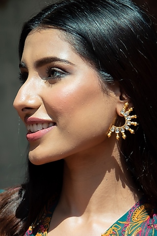 Gold Plated Kundan Polki Stud Earrings In Sterling Silver by Silver Ishq