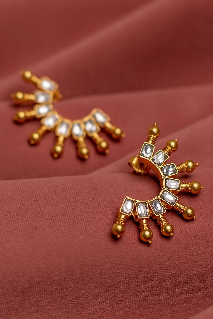 Gold Plated Kundan Polki Stud Earrings In Sterling Silver by Silver Ishq at Pernia's Pop Up Shop