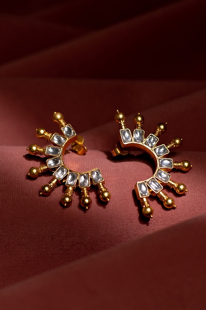 Gold Plated Kundan Polki Stud Earrings In Sterling Silver by Silver Ishq at Pernia's Pop Up Shop