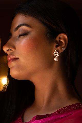 Gold Plated Kundan Polki & Pearl Drop Dangler Earrings In Sterling Silver by Silver Ishq