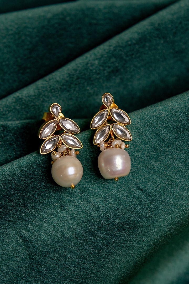 Gold Plated Kundan Polki & Pearl Drop Dangler Earrings In Sterling Silver by Silver Ishq at Pernia's Pop Up Shop