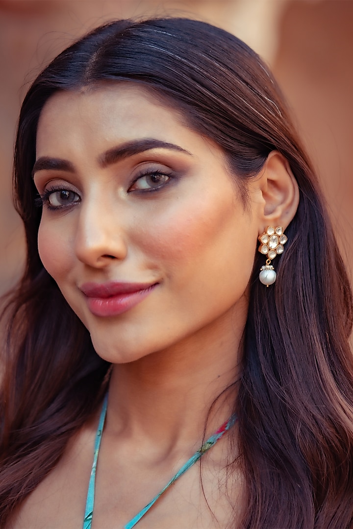 Gold Plated Kundan Polki & Pearl Drop Dangler Earrings In Sterling Silver by Silver Ishq at Pernia's Pop Up Shop