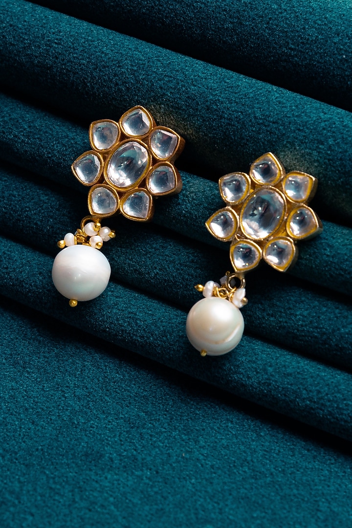 Gold Plated Kundan Polki & Pearl Drop Dangler Earrings In Sterling Silver by Silver Ishq at Pernia's Pop Up Shop