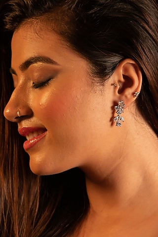 White Rhodium Finish Zircon Dangler Earrings In Sterling Silver by Silver Ishq