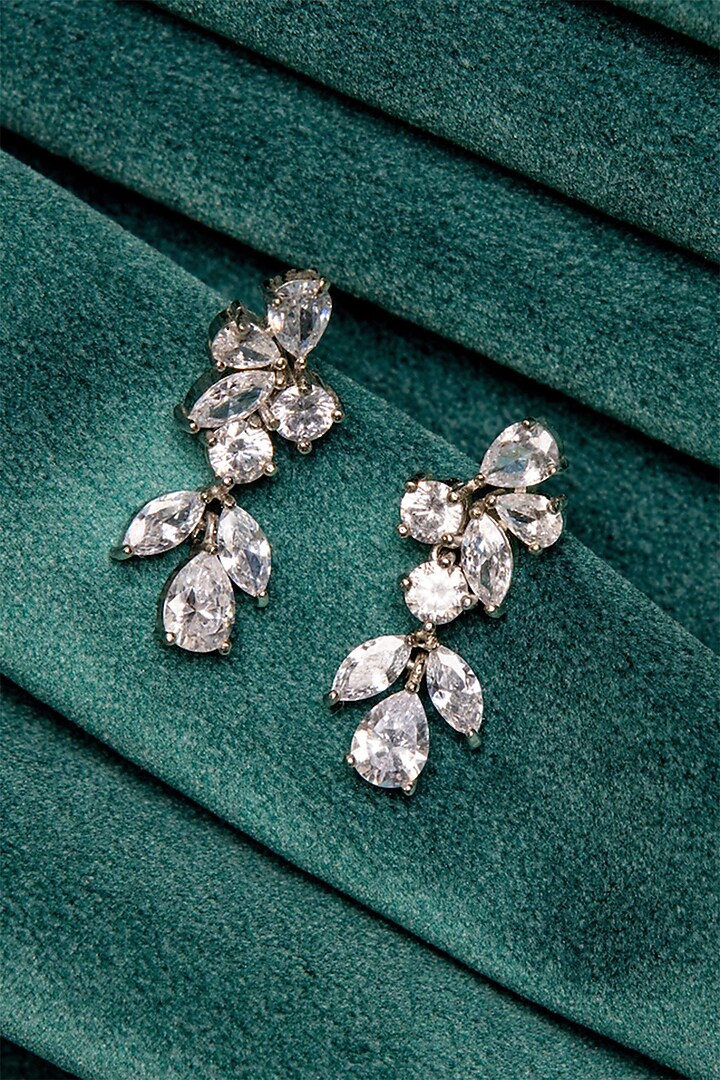 White Rhodium Finish Zircon Dangler Earrings In Sterling Silver by Silver Ishq at Pernia's Pop Up Shop
