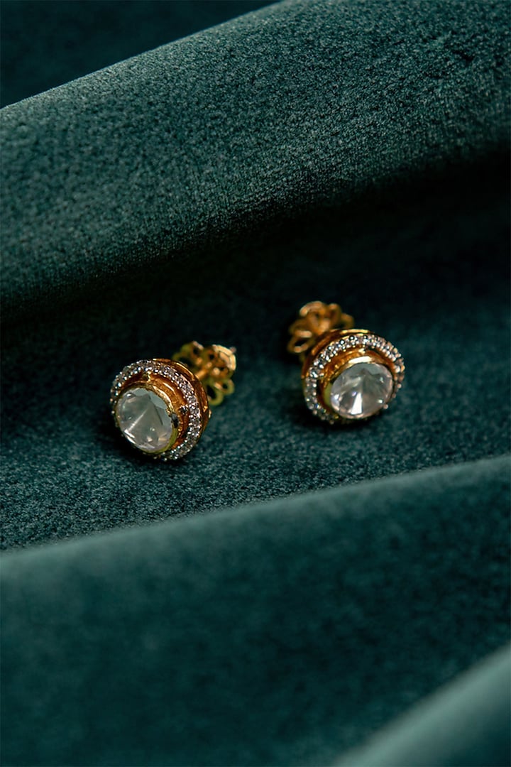 Gold Plated Kundan Polki Stud Earrings In Sterling Silver by Silver Ishq at Pernia's Pop Up Shop