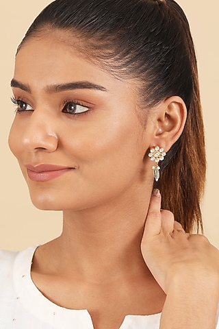 Gold Plated Kundan Polki & Pearl Drop Dangler Earrings In Sterling Silver by Silver Ishq