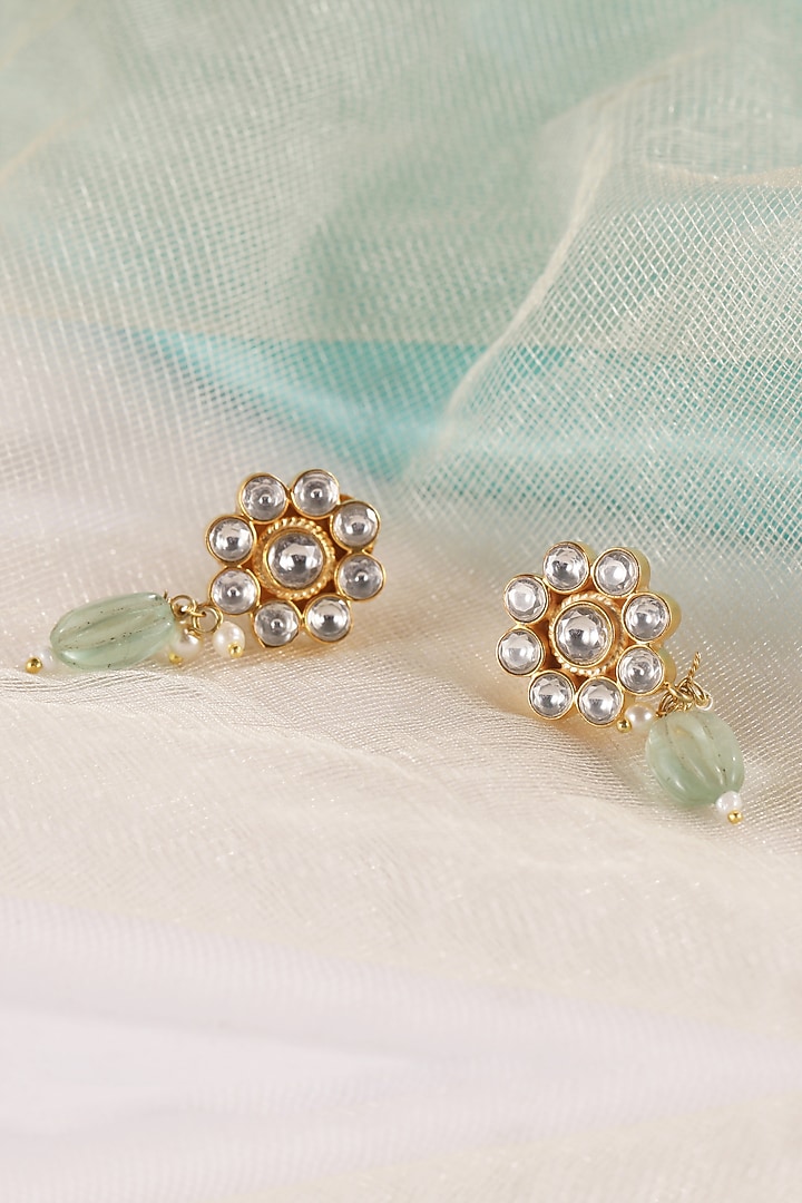 Gold Plated Kundan Polki & Pearl Drop Dangler Earrings In Sterling Silver by Silver Ishq at Pernia's Pop Up Shop