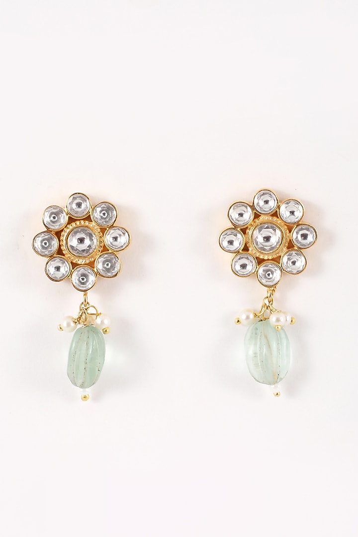 Gold Plated Kundan Polki & Pearl Drop Dangler Earrings In Sterling Silver by Silver Ishq at Pernia's Pop Up Shop