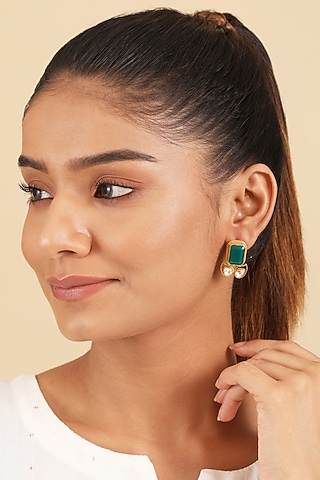 Gold Plated Kundan Polki & Emerald Stud Earrings In Sterling Silver by Silver Ishq