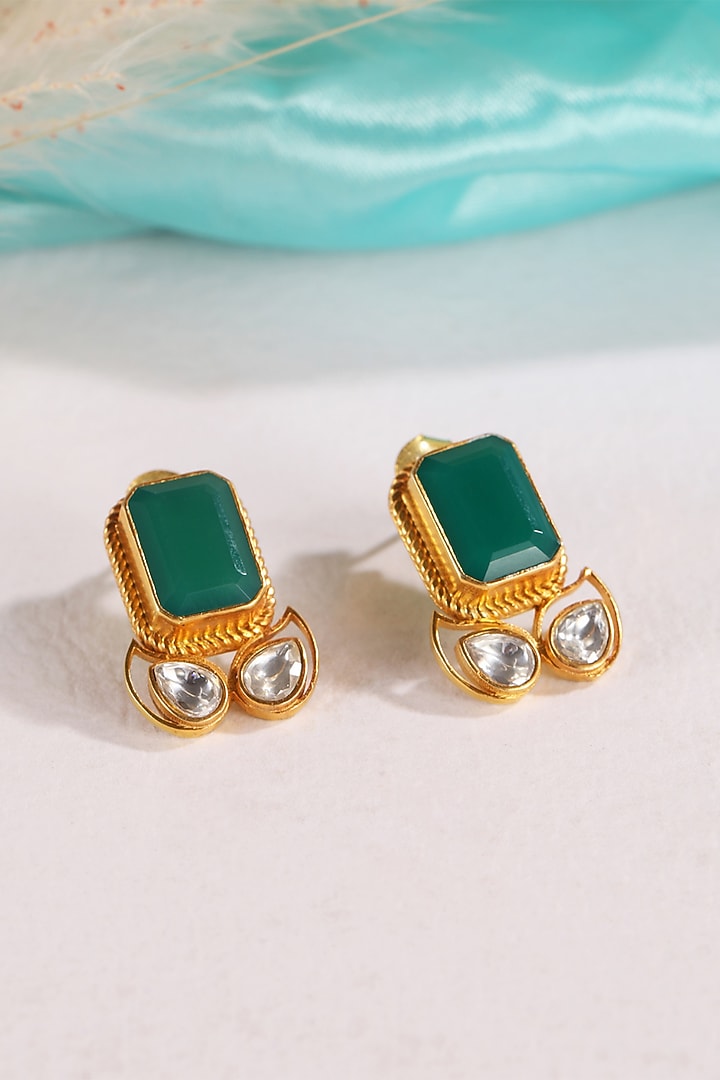Gold Plated Kundan Polki & Emerald Stud Earrings In Sterling Silver by Silver Ishq at Pernia's Pop Up Shop