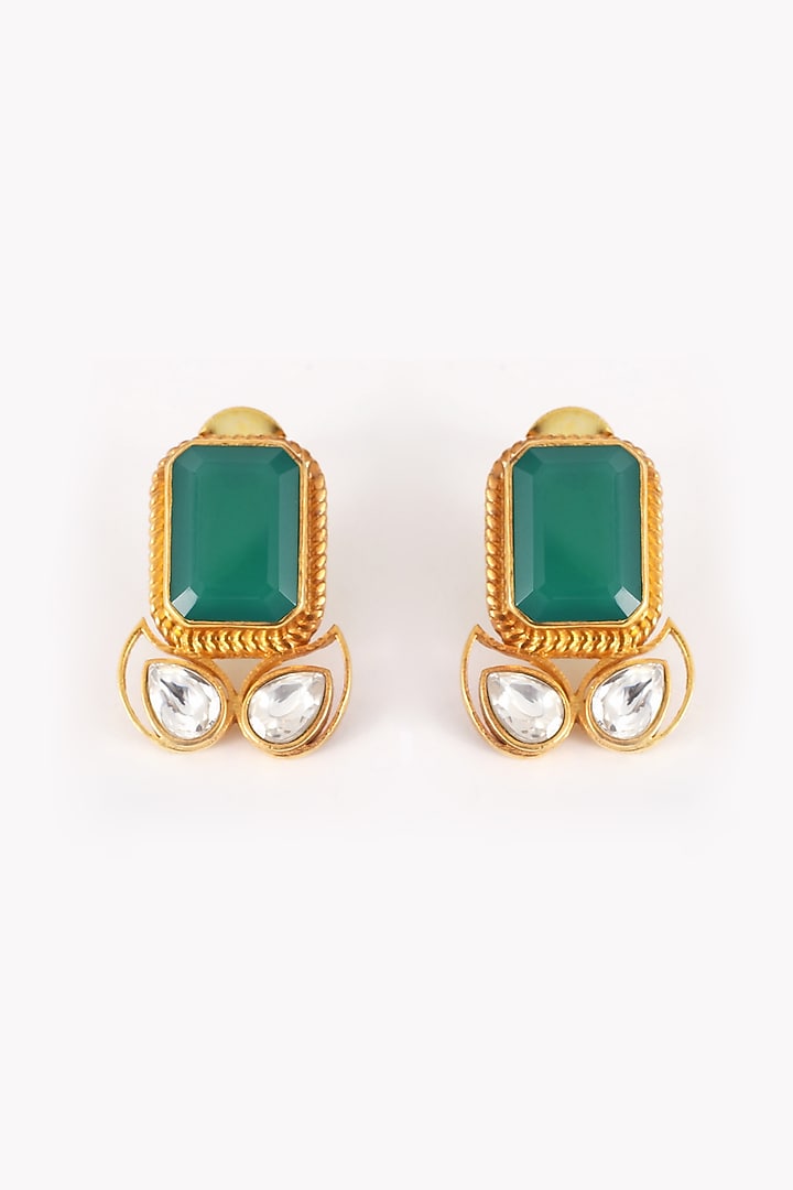 Gold Plated Kundan Polki & Emerald Stud Earrings In Sterling Silver by Silver Ishq at Pernia's Pop Up Shop