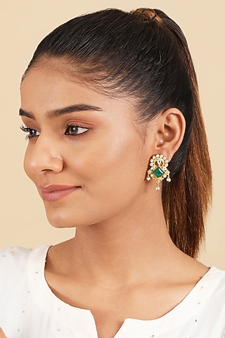 Gold Plated Green Stone & Pearl Dangler Earrings In Sterling Silver by Silver Ishq