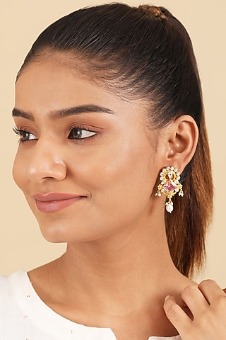 Gold Plated Pink Stone & Pearl Dangler Earrings In Sterling Silver by Silver Ishq