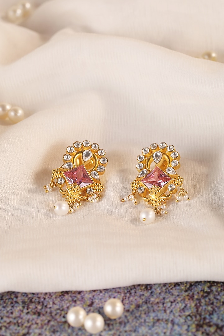 Gold Plated Pink Stone & Pearl Dangler Earrings In Sterling Silver by Silver Ishq at Pernia's Pop Up Shop