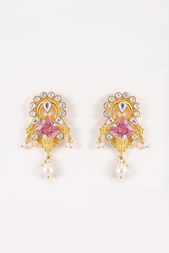 Gold Plated Pink Stone & Pearl Dangler Earrings In Sterling Silver by Silver Ishq at Pernia's Pop Up Shop