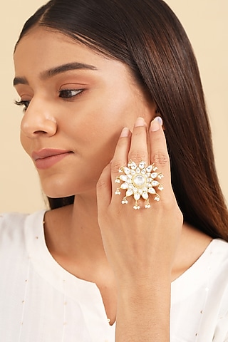 Gold Plated Kundan Polki & Pearl Ring In Sterling Silver by Silver Ishq