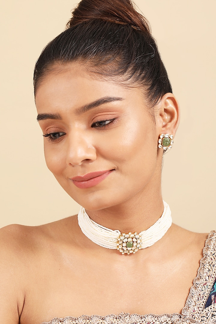 Gold Plated Kundan Polki & Pearl Choker Necklace Set In Sterling Silver by Silver Ishq