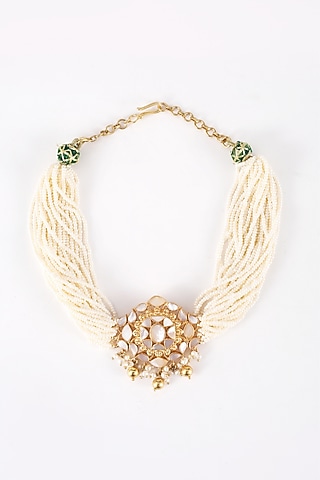 Gold Plated Kundan Polki & Mother Of Pearl Choker Necklace Set In Sterling Silver by Silver Ishq