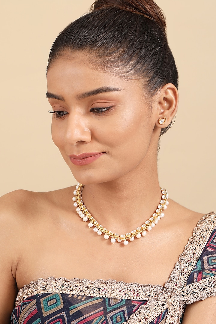 Gold Plated Kundan Polki & Pearl Necklace In Sterling Silver by Silver Ishq