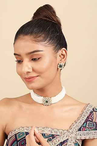 Gold Plated Kundan Polki & Pearl Choker Necklace Set In Sterling Silver by Silver Ishq