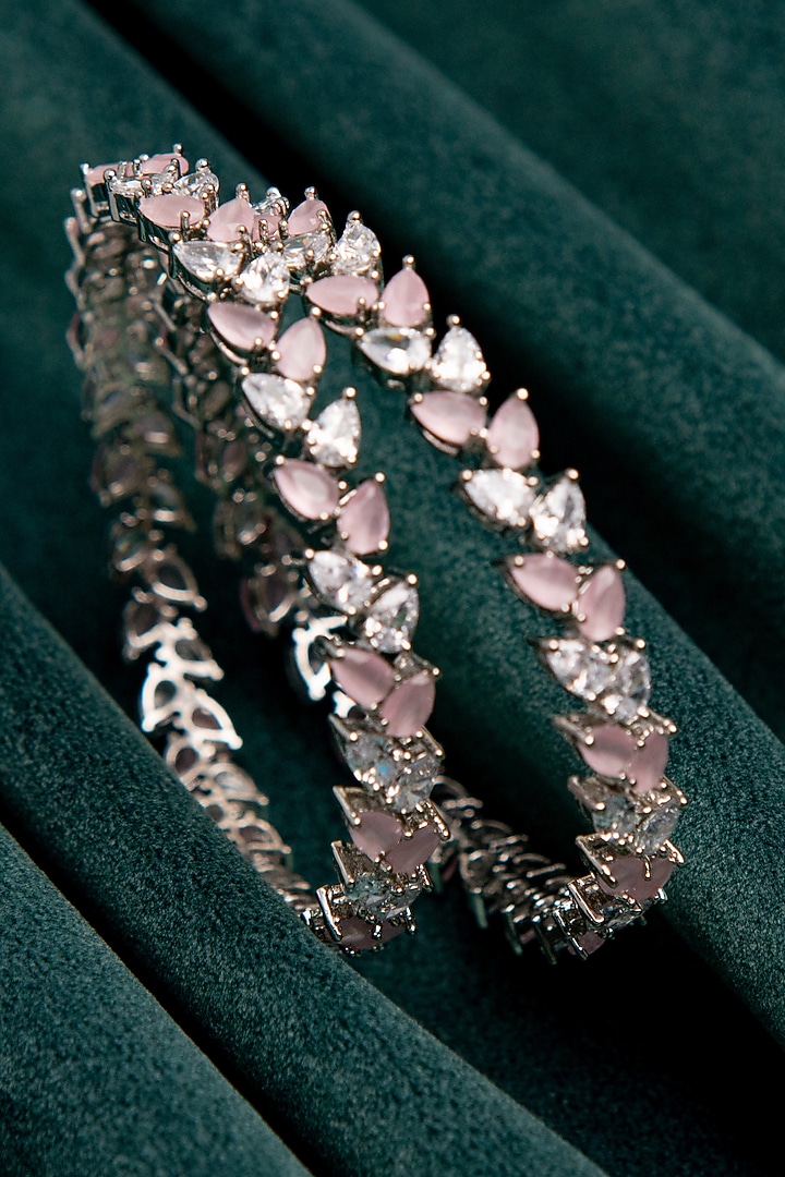 White Finish Zircon Bangles (Set Of 2) In Sterling Silver by Silver Ishq at Pernia's Pop Up Shop